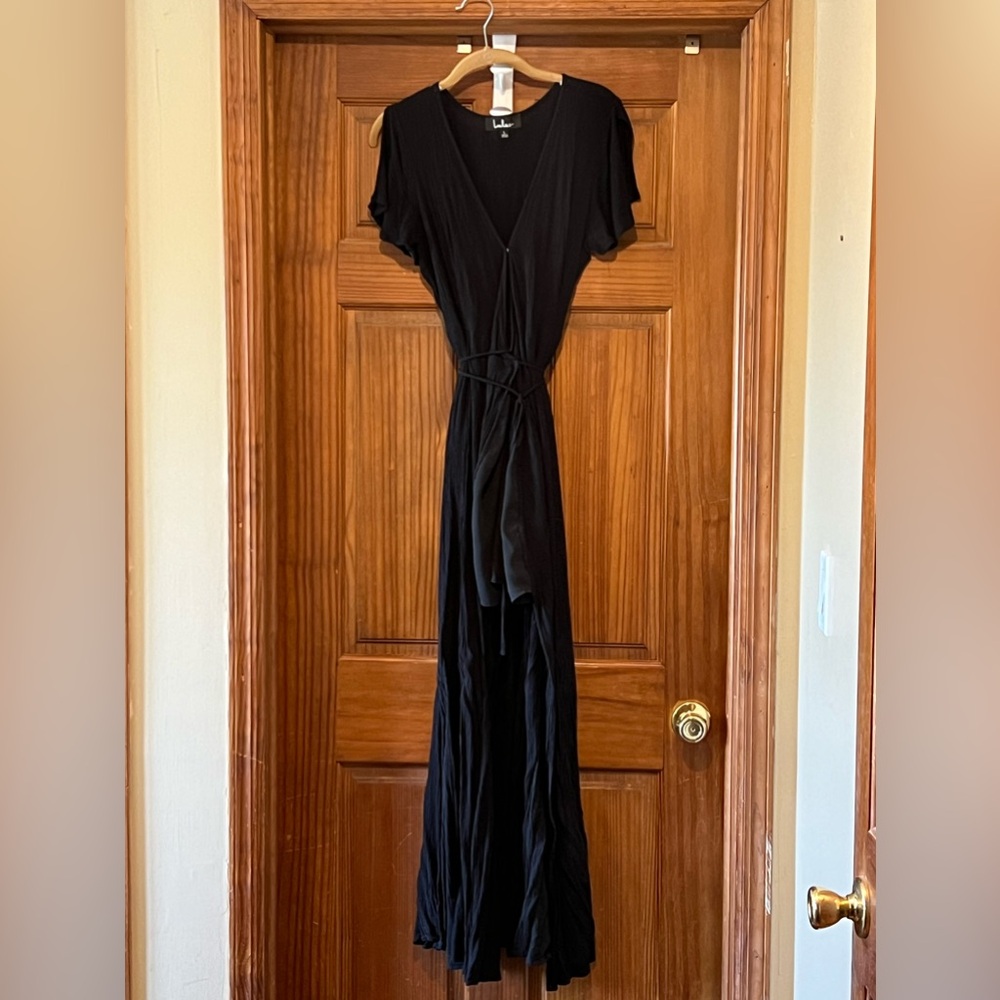 Lulu black dress formal long slit on leg and wrap dress